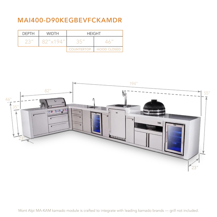 Mont Alpi Mont Alpi 4 Burner L-Shaped Deluxe Series Outdoor Kitchen Island with a Beverage Center, Kegerator, Kamado Module, Corner Fridge, and Extra Storage Drawer Slides Cabinet MAi400-D90KEGBEVFCKAMDR Barbecue Finished - Gas