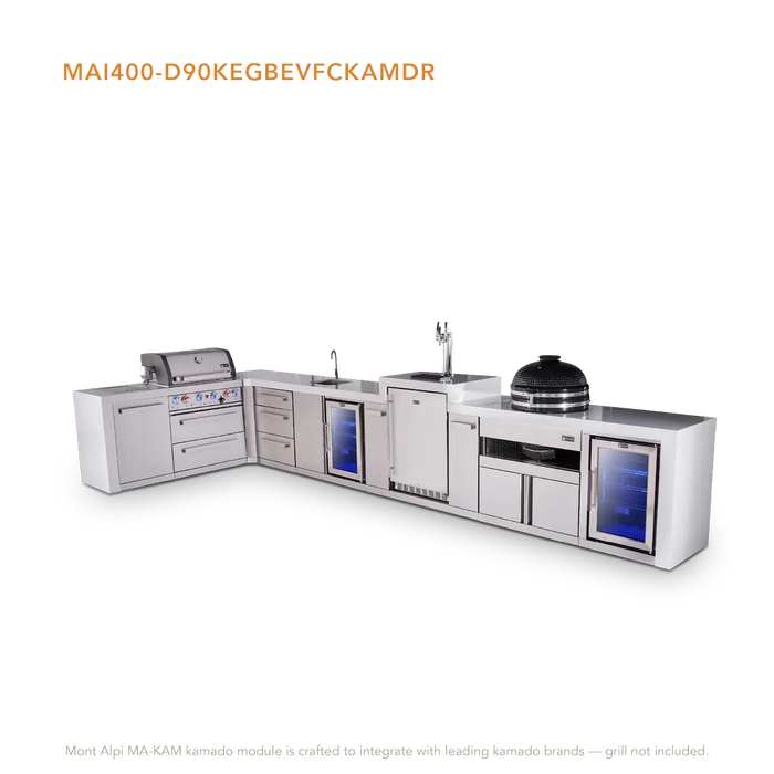Mont Alpi Mont Alpi 4 Burner L-Shaped Deluxe Series Outdoor Kitchen Island with a Beverage Center, Kegerator, Kamado Module, Corner Fridge, and Extra Storage Drawer Slides Cabinet MAi400-D90KEGBEVFCKAMDR Barbecue Finished - Gas