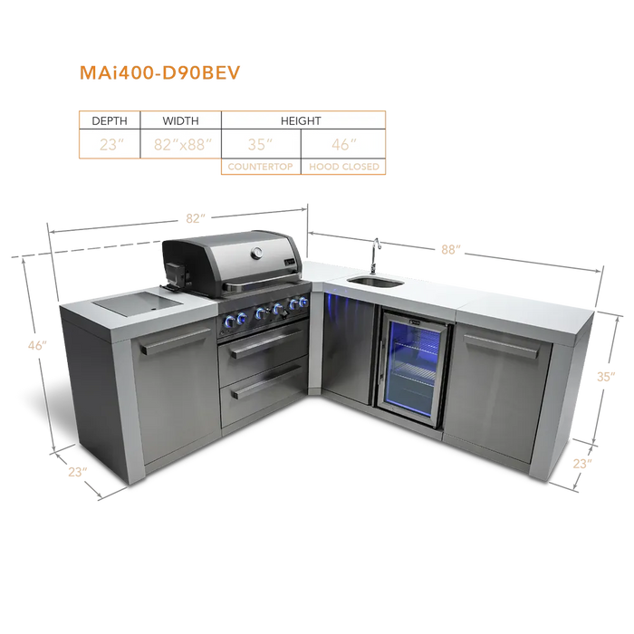 Mont Alpi Mont Alpi 4 Burner L-Shaped Deluxe Series Outdoor Kitchen Island with a Beverage Center MAi400-D90BEV Barbecue Finished - Gas