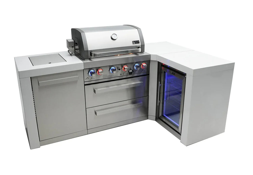 Mont Alpi Mont Alpi 4 Burner L-Shaped Deluxe Series Outdoor Kitchen Island with a Fridge Cabinet MAi400-D90FC Barbecue Finished - Gas