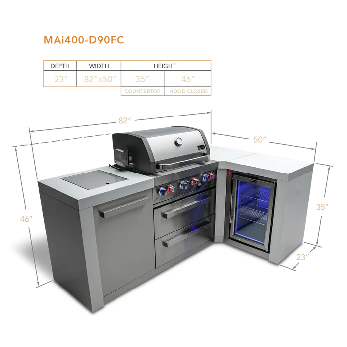 Mont Alpi Mont Alpi 4 Burner L-Shaped Deluxe Series Outdoor Kitchen Island with a Fridge Cabinet MAi400-D90FC Barbecue Finished - Gas