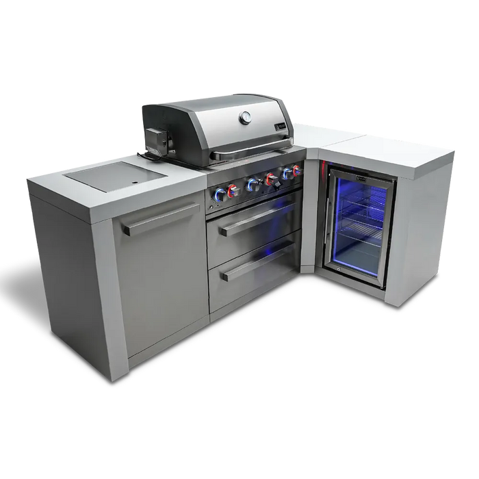 Mont Alpi Mont Alpi 4 Burner L-Shaped Deluxe Series Outdoor Kitchen Island with a Fridge Cabinet MAi400-D90FC Barbecue Finished - Gas