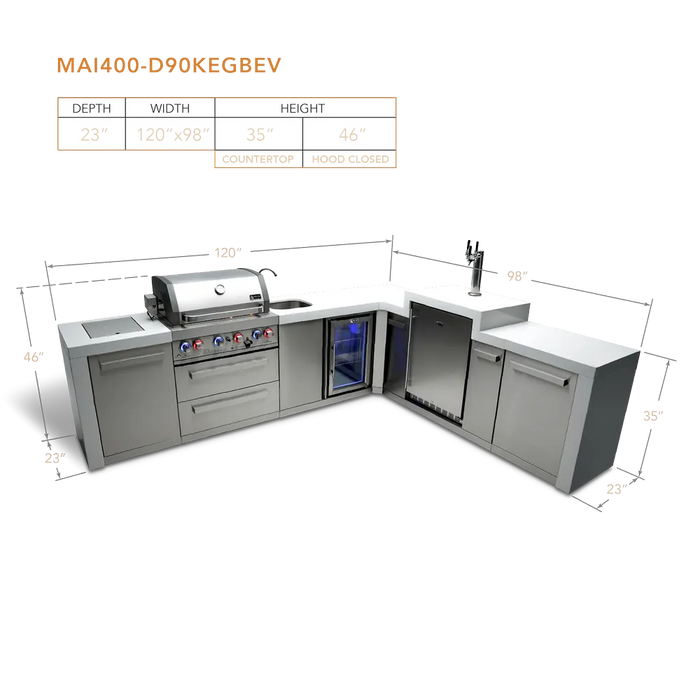Mont Alpi Mont Alpi 4 Burner L-Shaped Deluxe Series Outdoor Kitchen Island with a Kegerator and Beverage Center MAi400-D90KEGBEV Barbecue Finished - Gas