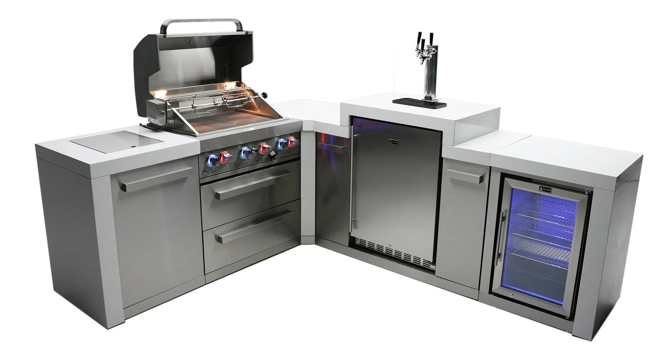 Mont Alpi Mont Alpi 4 Burner L-Shaped Deluxe Series Outdoor Kitchen Island with a Kegerator and Corner Fridge MAi400-D90KEGFC Barbecue Finished - Gas