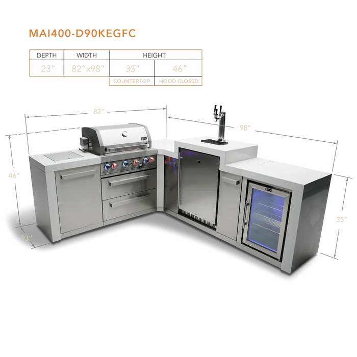 Mont Alpi Mont Alpi 4 Burner L-Shaped Deluxe Series Outdoor Kitchen Island with a Kegerator and Corner Fridge MAi400-D90KEGFC Barbecue Finished - Gas