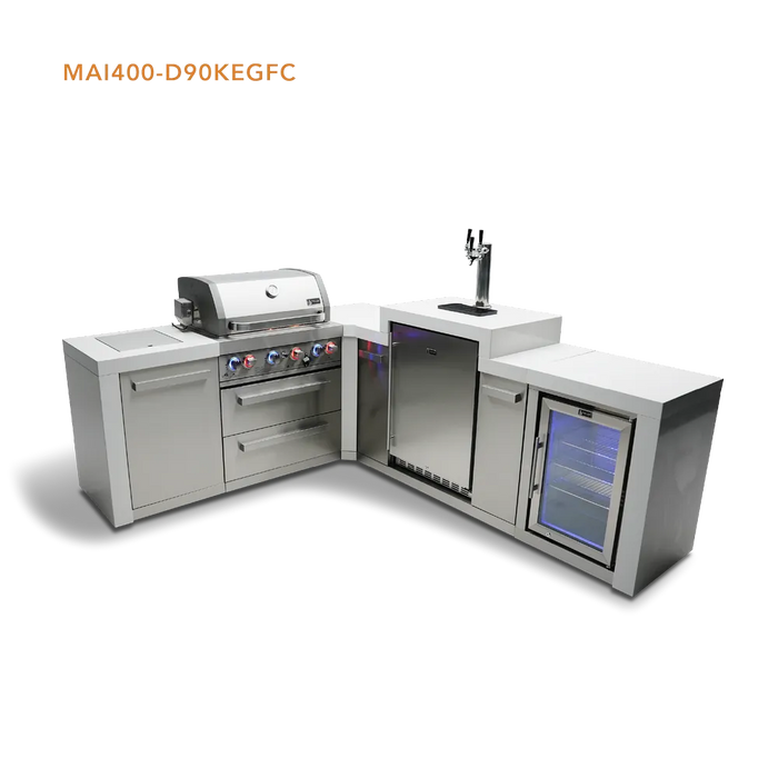 Mont Alpi Mont Alpi 4 Burner L-Shaped Deluxe Series Outdoor Kitchen Island with a Kegerator and Corner Fridge MAi400-D90KEGFC Barbecue Finished - Gas