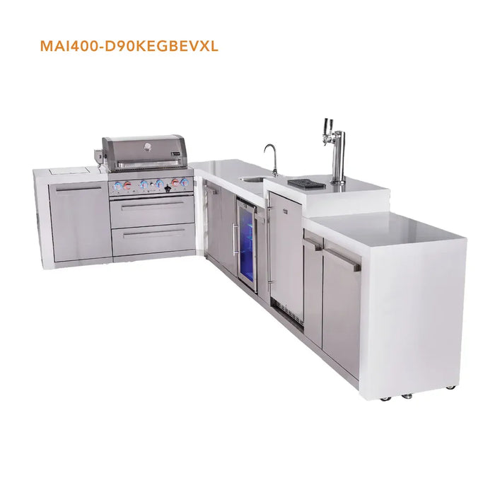 Mont Alpi Mont Alpi 4 Burner L-Shaped Deluxe Series Outdoor Kitchen Island with a Kegerator, Beverage Center, and Extra Storage Cabinet MAi400-D90KEGBEVXL Barbecue Finished - Gas