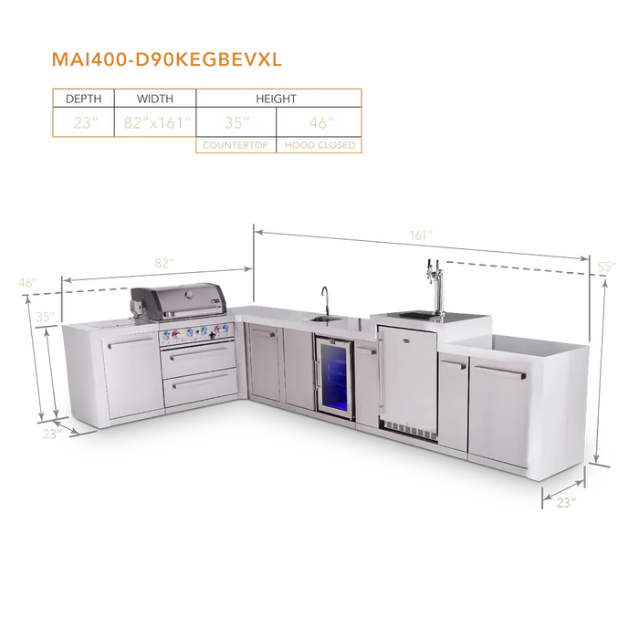 Mont Alpi Mont Alpi 4 Burner L-Shaped Deluxe Series Outdoor Kitchen Island with a Kegerator, Beverage Center, and Extra Storage Cabinet MAi400-D90KEGBEVXL Barbecue Finished - Gas