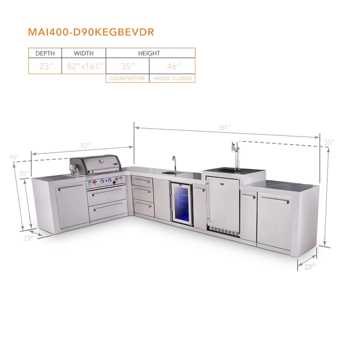 Mont Alpi Mont Alpi 4 Burner L-Shaped Deluxe Series Outdoor Kitchen Island with a Kegerator, Beverage Center, and Extra Storage Drawers Slide Cabinet MAi400-D90KEGBEVDR Barbecue Finished - Gas