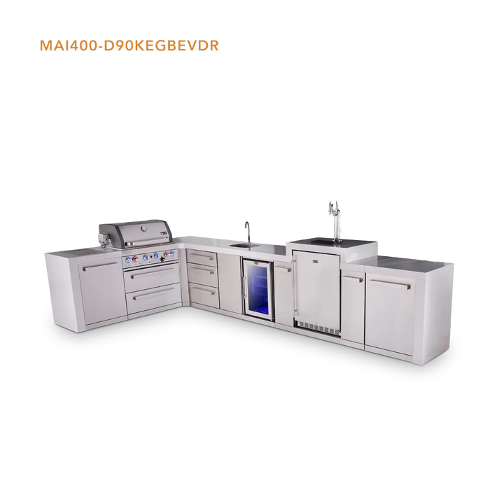 Mont Alpi Mont Alpi 4 Burner L-Shaped Deluxe Series Outdoor Kitchen Island with a Kegerator, Beverage Center, and Extra Storage Drawers Slide Cabinet MAi400-D90KEGBEVDR Barbecue Finished - Gas