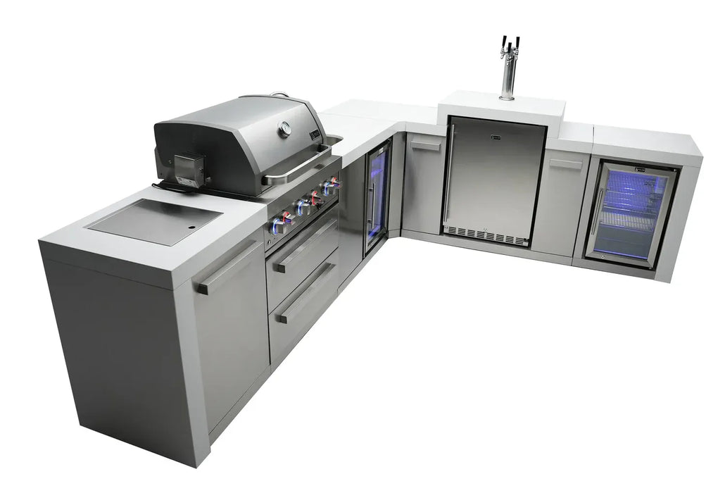 Mont Alpi Mont Alpi 4 Burner L-Shaped Deluxe Series Outdoor Kitchen Island with a Kegerator, Beverage Center, and Fridge Cabinet MAi400-D90KEGBEVFC Barbecue Finished - Gas