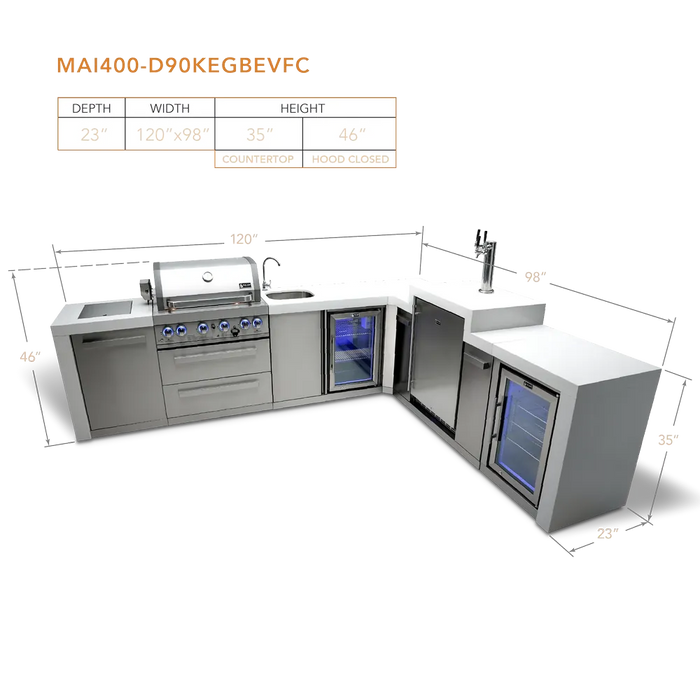 Mont Alpi Mont Alpi 4 Burner L-Shaped Deluxe Series Outdoor Kitchen Island with a Kegerator, Beverage Center, and Fridge Cabinet MAi400-D90KEGBEVFC Barbecue Finished - Gas