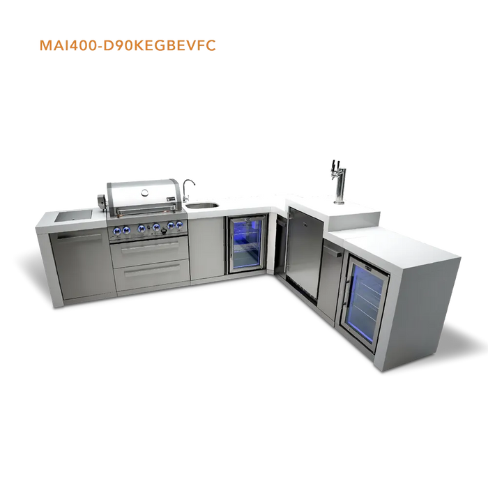 Mont Alpi Mont Alpi 4 Burner L-Shaped Deluxe Series Outdoor Kitchen Island with a Kegerator, Beverage Center, and Fridge Cabinet MAi400-D90KEGBEVFC Barbecue Finished - Gas