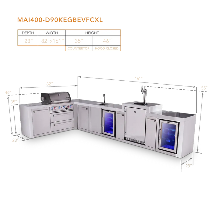 Mont Alpi Mont Alpi 4 Burner L-Shaped Deluxe Series Outdoor Kitchen Island with a Kegerator, Beverage Center, Corner Fridge, and Extra Storage Cabinet MAi400-D90KEGBEVFCXL Barbecue Finished - Gas