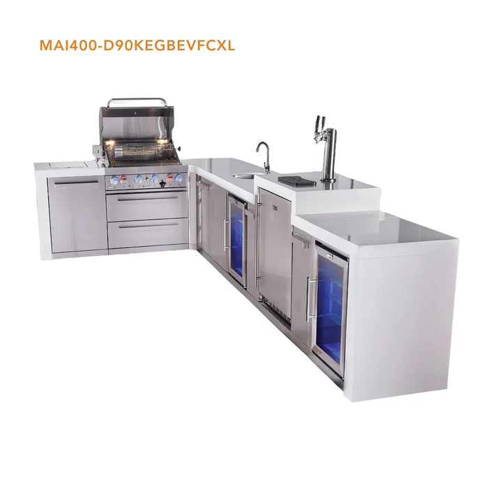 Mont Alpi Mont Alpi 4 Burner L-Shaped Deluxe Series Outdoor Kitchen Island with a Kegerator, Beverage Center, Corner Fridge, and Extra Storage Cabinet MAi400-D90KEGBEVFCXL Barbecue Finished - Gas