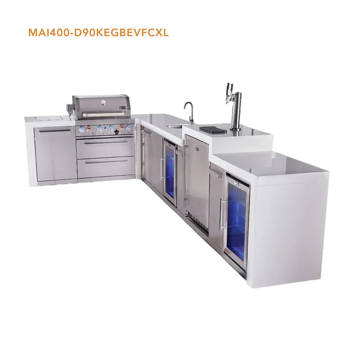 Mont Alpi Mont Alpi 4 Burner L-Shaped Deluxe Series Outdoor Kitchen Island with a Kegerator, Beverage Center, Corner Fridge, and Extra Storage Cabinet MAi400-D90KEGBEVFCXL Barbecue Finished - Gas