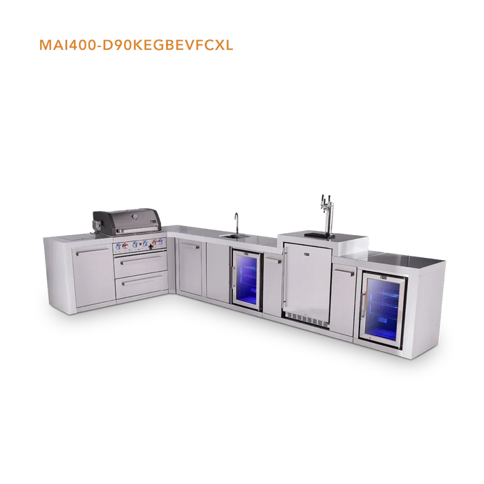 Mont Alpi Mont Alpi 4 Burner L-Shaped Deluxe Series Outdoor Kitchen Island with a Kegerator, Beverage Center, Corner Fridge, and Extra Storage Cabinet MAi400-D90KEGBEVFCXL Barbecue Finished - Gas