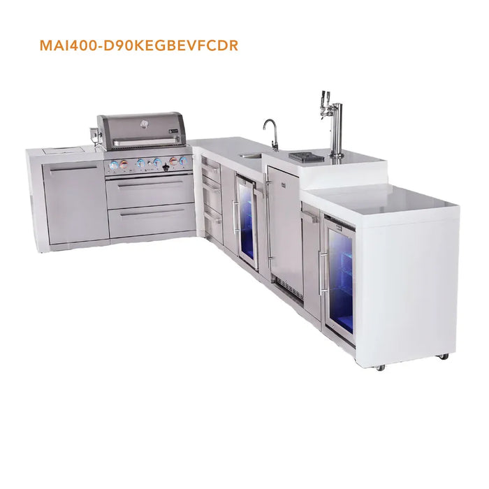 Mont Alpi Mont Alpi 4 Burner L-Shaped Deluxe Series Outdoor Kitchen Island with a Kegerator, Beverage Center, Corner Fridge and Extra Storage Drawers Slide Cabinet MAi400-D90KEGBEVFCDR Barbecue Finished - Gas