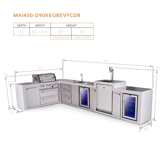 Mont Alpi Mont Alpi 4 Burner L-Shaped Deluxe Series Outdoor Kitchen Island with a Kegerator, Beverage Center, Corner Fridge and Extra Storage Drawers Slide Cabinet MAi400-D90KEGBEVFCDR Barbecue Finished - Gas