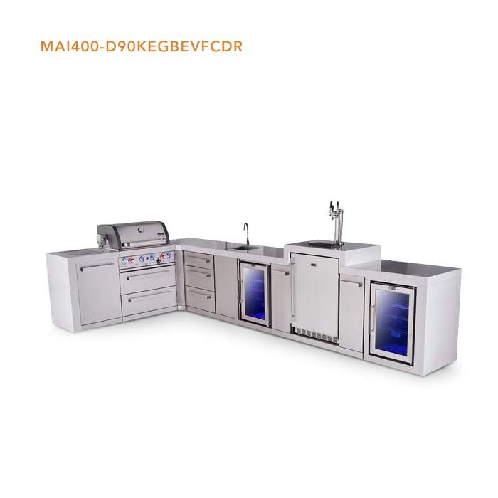 Mont Alpi Mont Alpi 4 Burner L-Shaped Deluxe Series Outdoor Kitchen Island with a Kegerator, Beverage Center, Corner Fridge and Extra Storage Drawers Slide Cabinet MAi400-D90KEGBEVFCDR Barbecue Finished - Gas