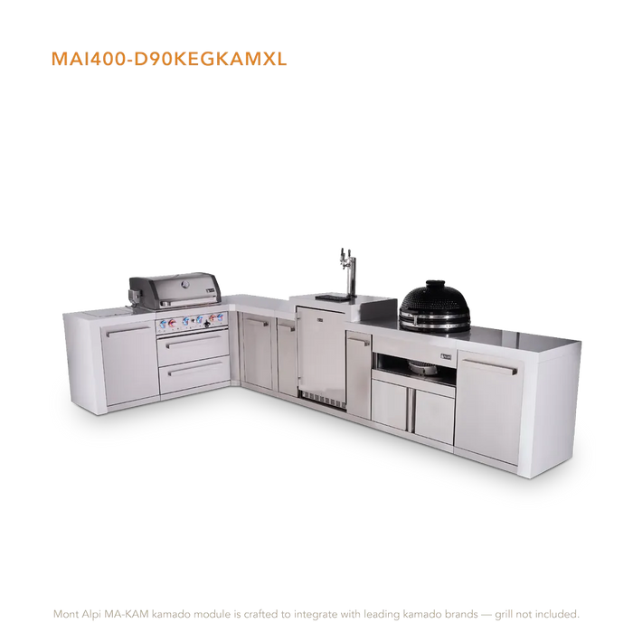 Mont Alpi Mont Alpi 4 Burner L-Shaped Deluxe Series Outdoor Kitchen Island with a Kegerator, Kamado Module, and Extra Storage Cabinet MAi400-D90KEGKAMXL Barbecue Finished - Gas