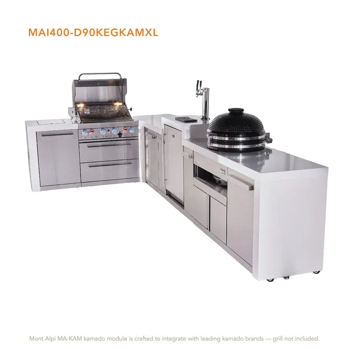 Mont Alpi Mont Alpi 4 Burner L-Shaped Deluxe Series Outdoor Kitchen Island with a Kegerator, Kamado Module, and Extra Storage Cabinet MAi400-D90KEGKAMXL Barbecue Finished - Gas
