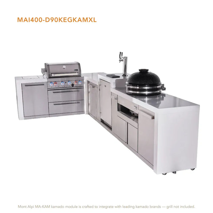 Mont Alpi Mont Alpi 4 Burner L-Shaped Deluxe Series Outdoor Kitchen Island with a Kegerator, Kamado Module, and Extra Storage Cabinet MAi400-D90KEGKAMXL Barbecue Finished - Gas