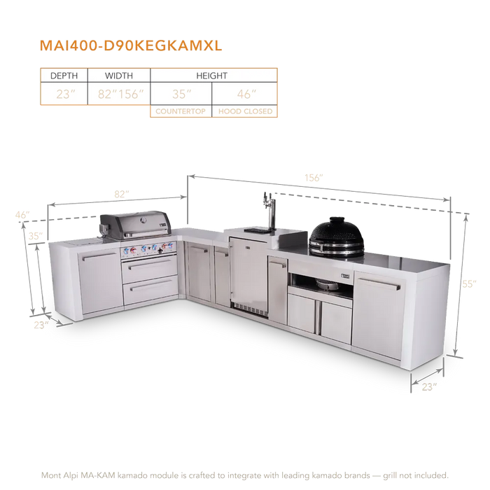 Mont Alpi Mont Alpi 4 Burner L-Shaped Deluxe Series Outdoor Kitchen Island with a Kegerator, Kamado Module, and Extra Storage Cabinet MAi400-D90KEGKAMXL Barbecue Finished - Gas
