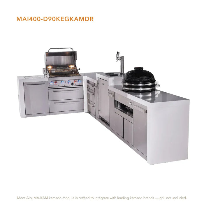 Mont Alpi Mont Alpi 4 Burner L-Shaped Deluxe Series Outdoor Kitchen Island with a Kegerator, Kamado Module, and Extra Storage Drawer Slides Cabinet MAi400-D90KEGKAMDR Barbecue Finished - Gas