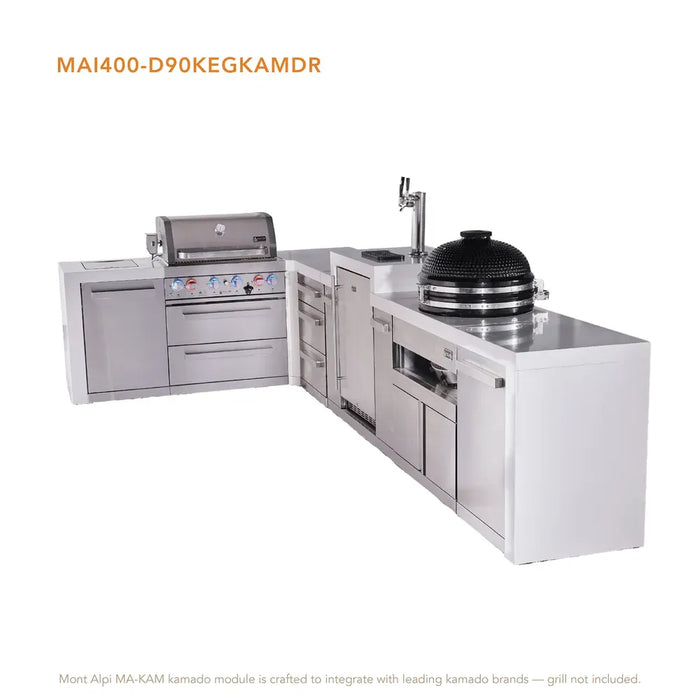 Mont Alpi Mont Alpi 4 Burner L-Shaped Deluxe Series Outdoor Kitchen Island with a Kegerator, Kamado Module, and Extra Storage Drawer Slides Cabinet MAi400-D90KEGKAMDR Barbecue Finished - Gas