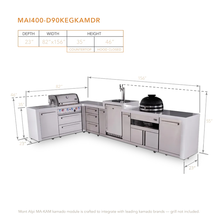 Mont Alpi Mont Alpi 4 Burner L-Shaped Deluxe Series Outdoor Kitchen Island with a Kegerator, Kamado Module, and Extra Storage Drawer Slides Cabinet MAi400-D90KEGKAMDR Barbecue Finished - Gas