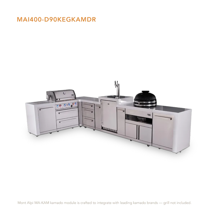 Mont Alpi Mont Alpi 4 Burner L-Shaped Deluxe Series Outdoor Kitchen Island with a Kegerator, Kamado Module, and Extra Storage Drawer Slides Cabinet MAi400-D90KEGKAMDR Barbecue Finished - Gas