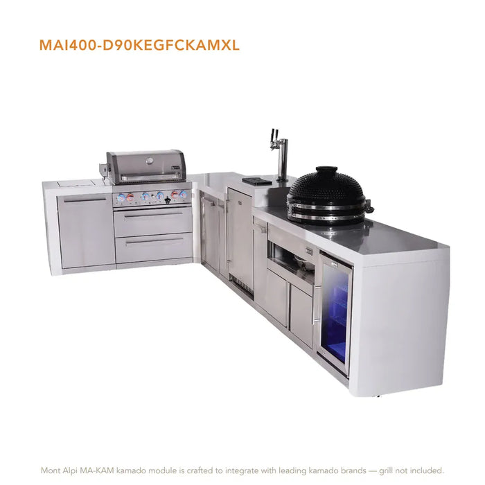Mont Alpi Mont Alpi 4 Burner L-Shaped Deluxe Series Outdoor Kitchen Island with a Kegerator, Kamado Module, Corner Fridge, and Extra Storage Cabinet MAi400-D90KEGFCKAMXL Barbecue Finished - Gas