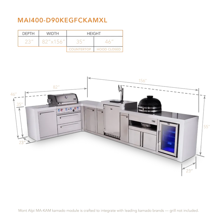Mont Alpi Mont Alpi 4 Burner L-Shaped Deluxe Series Outdoor Kitchen Island with a Kegerator, Kamado Module, Corner Fridge, and Extra Storage Cabinet MAi400-D90KEGFCKAMXL Barbecue Finished - Gas