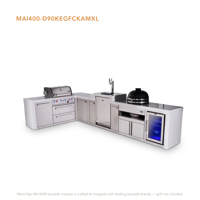 Mont Alpi Mont Alpi 4 Burner L-Shaped Deluxe Series Outdoor Kitchen Island with a Kegerator, Kamado Module, Corner Fridge, and Extra Storage Cabinet MAi400-D90KEGFCKAMXL Barbecue Finished - Gas