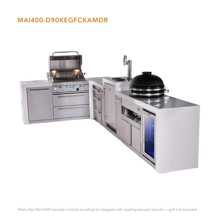 Mont Alpi Mont Alpi 4 Burner L-Shaped Deluxe Series Outdoor Kitchen Island with a Kegerator, Kamado Module, Corner Fridge, and Extra Storage Drawer Slides Cabinet MAi400-D90KEGFCKAMDR Barbecue Finished - Gas