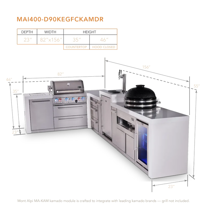Mont Alpi Mont Alpi 4 Burner L-Shaped Deluxe Series Outdoor Kitchen Island with a Kegerator, Kamado Module, Corner Fridge, and Extra Storage Drawer Slides Cabinet MAi400-D90KEGFCKAMDR Barbecue Finished - Gas