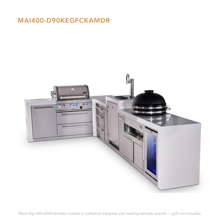 Mont Alpi Mont Alpi 4 Burner L-Shaped Deluxe Series Outdoor Kitchen Island with a Kegerator, Kamado Module, Corner Fridge, and Extra Storage Drawer Slides Cabinet MAi400-D90KEGFCKAMDR Barbecue Finished - Gas