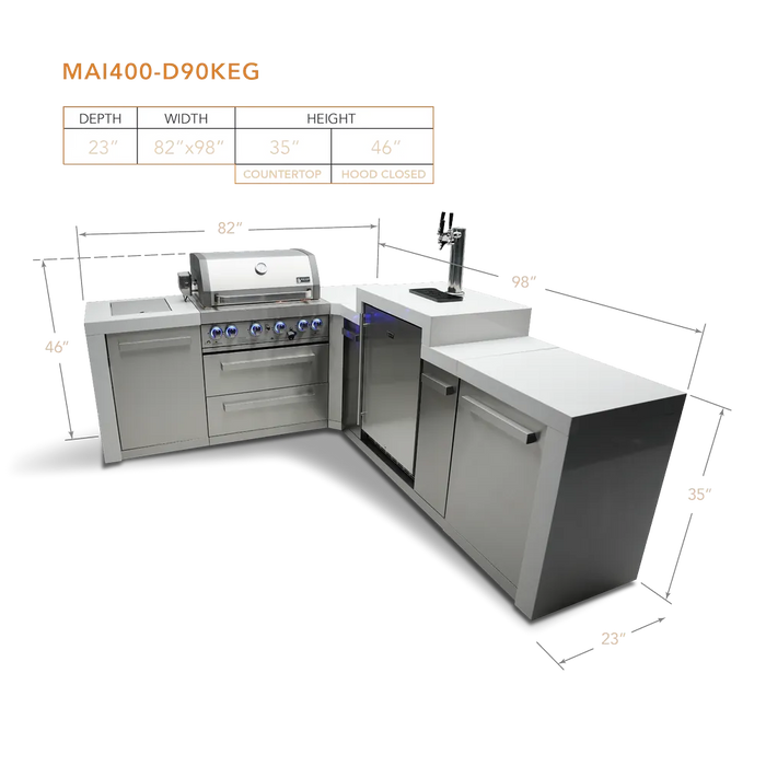 Mont Alpi Mont Alpi 4 Burner L-Shaped Deluxe Series Outdoor Kitchen Island with a Kegerator MAi400-D90KEG Barbecue Finished - Gas