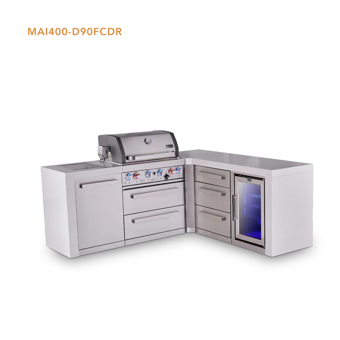 Mont Alpi Mont Alpi 4 Burner L-Shaped Deluxe Series Outdoor Kitchen Island with Corner Fridge, and Extra Drawer Slides Cabinet MAi400-D90FCDR Barbecue Finished - Gas