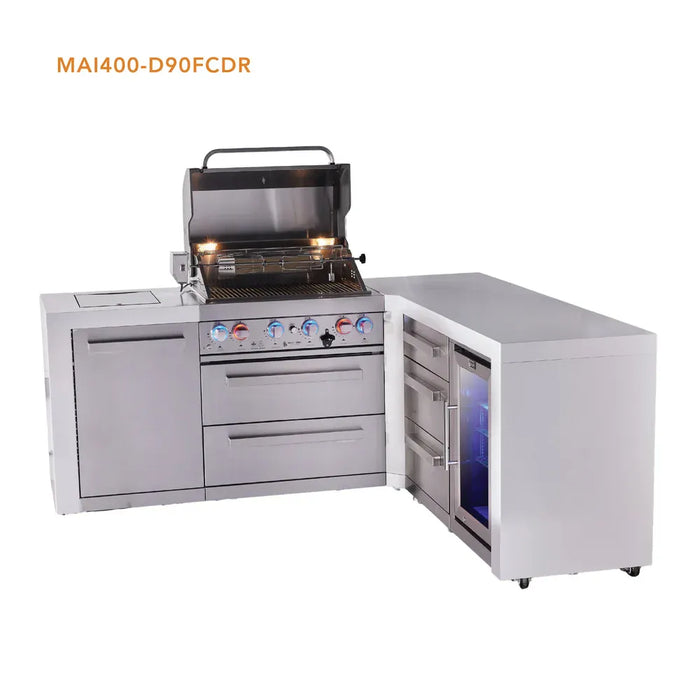 Mont Alpi Mont Alpi 4 Burner L-Shaped Deluxe Series Outdoor Kitchen Island with Corner Fridge, and Extra Drawer Slides Cabinet MAi400-D90FCDR Barbecue Finished - Gas
