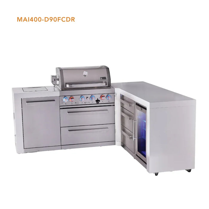 Mont Alpi Mont Alpi 4 Burner L-Shaped Deluxe Series Outdoor Kitchen Island with Corner Fridge, and Extra Drawer Slides Cabinet MAi400-D90FCDR Barbecue Finished - Gas