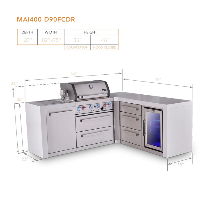 Mont Alpi Mont Alpi 4 Burner L-Shaped Deluxe Series Outdoor Kitchen Island with Corner Fridge, and Extra Drawer Slides Cabinet MAi400-D90FCDR Barbecue Finished - Gas