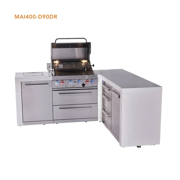 Mont Alpi Mont Alpi 4 Burner L-Shaped Deluxe Series Outdoor Kitchen Island with Extra Drawer Slides Cabinet MAi400-D90DR Barbecue Finished - Gas