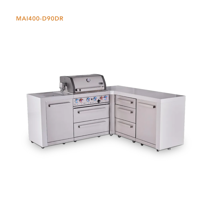 Mont Alpi Mont Alpi 4 Burner L-Shaped Deluxe Series Outdoor Kitchen Island with Extra Drawer Slides Cabinet MAi400-D90DR Barbecue Finished - Gas