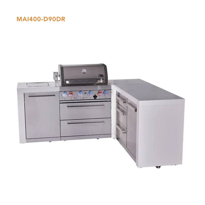 Mont Alpi Mont Alpi 4 Burner L-Shaped Deluxe Series Outdoor Kitchen Island with Extra Drawer Slides Cabinet MAi400-D90DR Barbecue Finished - Gas