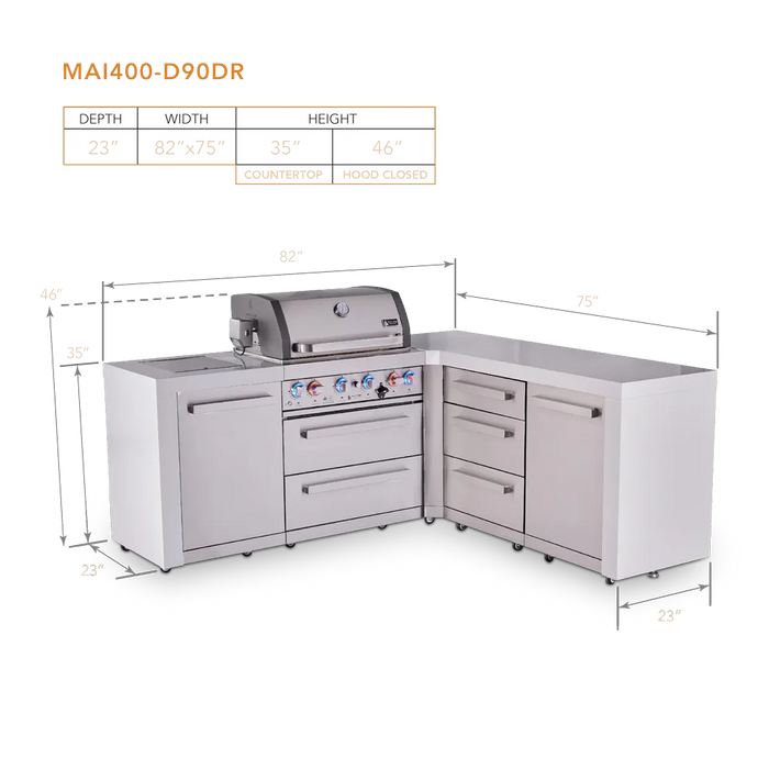 Mont Alpi Mont Alpi 4 Burner L-Shaped Deluxe Series Outdoor Kitchen Island with Extra Drawer Slides Cabinet MAi400-D90DR Barbecue Finished - Gas