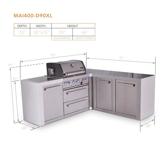 Mont Alpi Mont Alpi 4 Burner L-Shaped Deluxe Series Outdoor Kitchen Island with Extra Storage Cabinet MAi400-D90XL Barbecue Finished - Gas