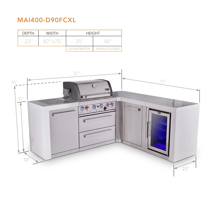 Mont Alpi Mont Alpi 4 Burner L-Shaped Deluxe Series Outdoor Kitchen Island with Fridge and Extra Storage Cabinet MAi400-D90FCXL Barbecue Finished - Gas