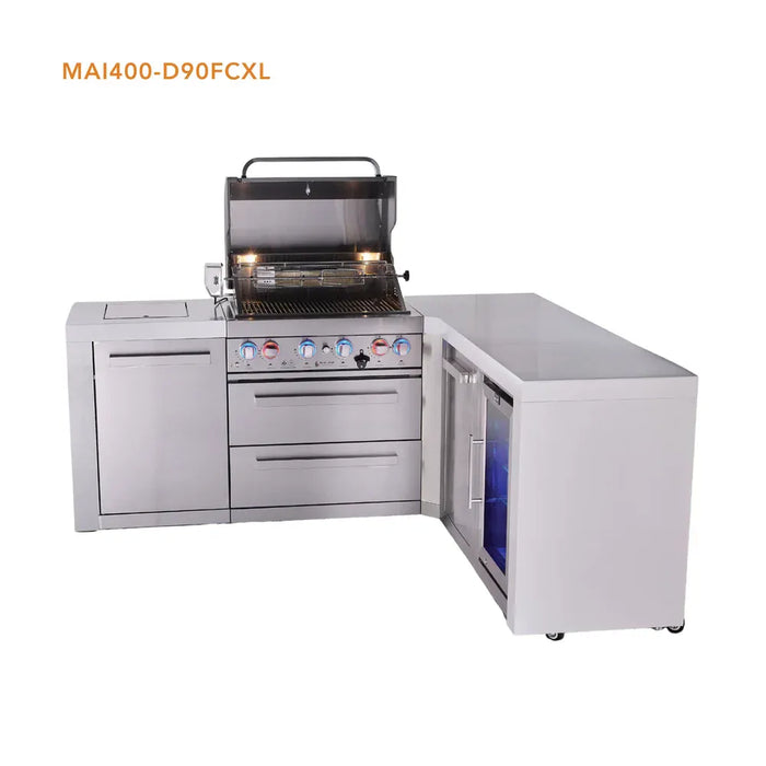 Mont Alpi Mont Alpi 4 Burner L-Shaped Deluxe Series Outdoor Kitchen Island with Fridge and Extra Storage Cabinet MAi400-D90FCXL Barbecue Finished - Gas